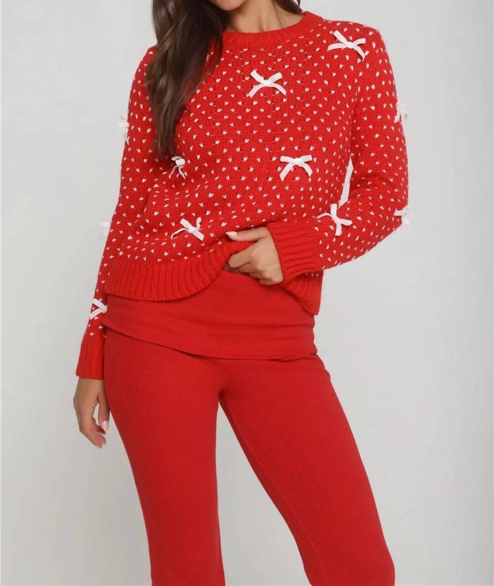 NEW SHE + SKY two tone bow sweater in red